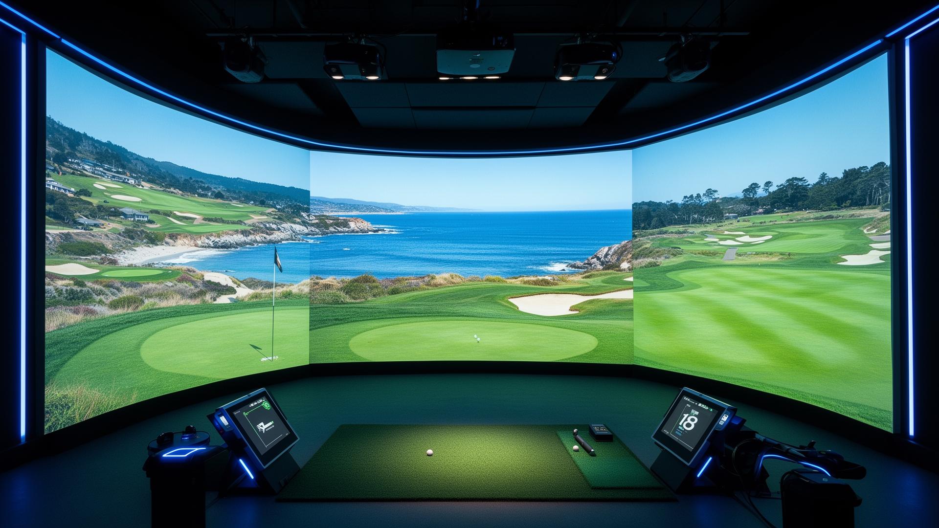Simulator bay showing golf course on immersive screens